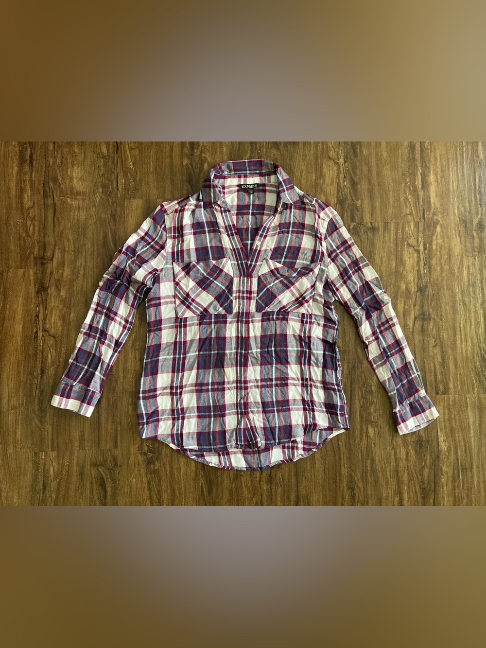 Express Plaid Button-Down Shirt Women’s Size XS Casual Maroon Navy White